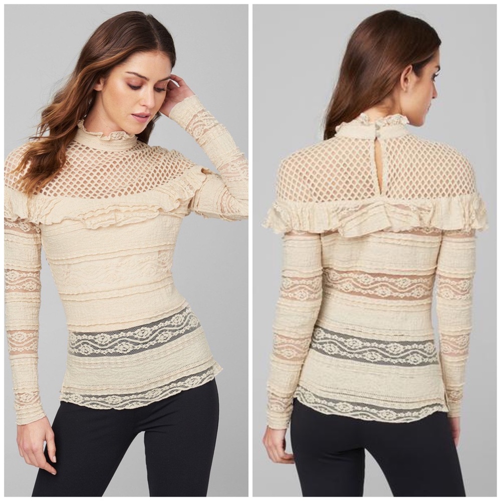 Beige Nude Mesh Lace Blouse Top
